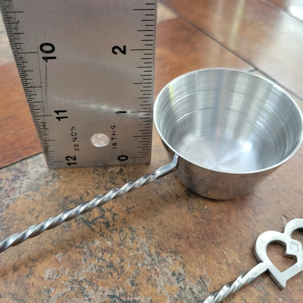 Vintage MCM Bar Set Cocktail Spoon & Long Handle Jigger Silver Stainless Steel
